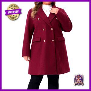 Plus Size Wool Pea Coat Double Breasted Notch Lapel Long Trench Elegant Chic